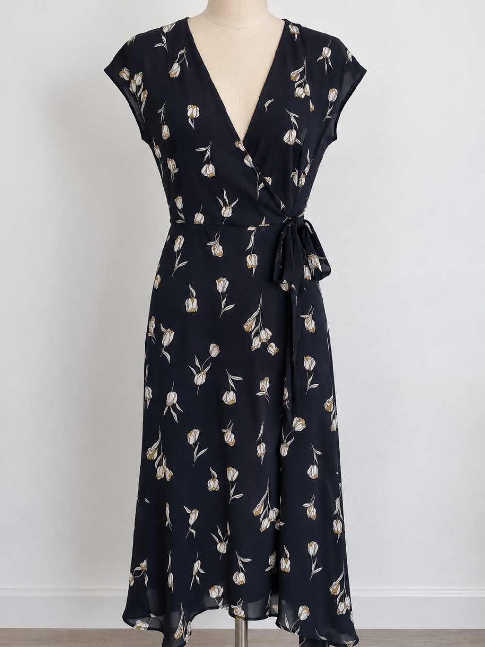 Banana Republic Navy Wrap Midi Dress with White & Cream Floral Print